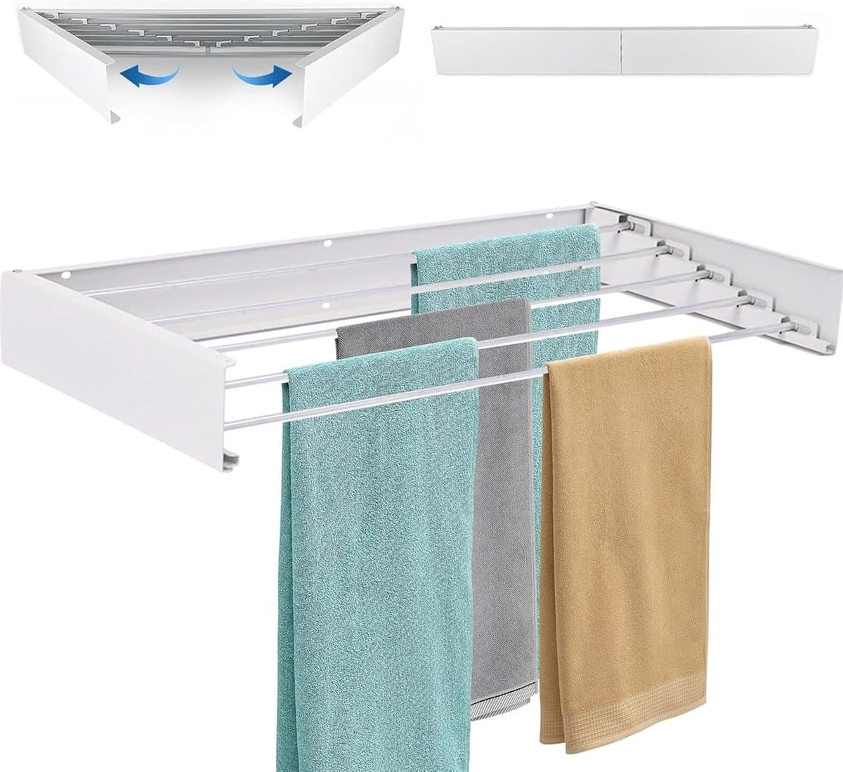 Goodivery ® Uitschuifbare en Opvouwbare Wasrek voor Muurmontage met 5 Aluminium Rails, Ruimtebesparend Ontwerp — afbeelding 1