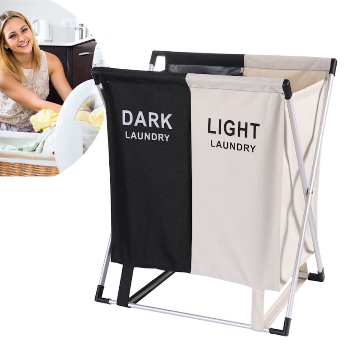 Wassorteerder - 60 L - Wasmand 2 Vakken - Opvouwbare Wasmanden - Wassorteerder 2 vaks - Aluminium Frame - Zwart - Wit — afbeelding 1