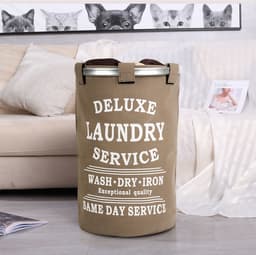 Wasmand 50L - Rond - Tekst Deluxe Laundry Service -> Same Day Service- Badkamer - Wasmand afsluitbaar - Waszak - Bruin — thumbnail 2