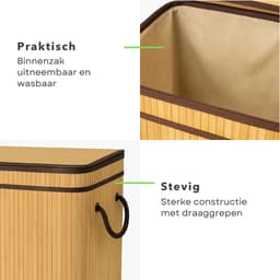 Cheqo® Bamboe Wasmand - Wasmand met Deksel - Uitneembare Wasbare Binnenzak - 72 Liter - Natuurlijk Bruin - Klapdeksel - Wasmand 1 Vak — thumbnail 5