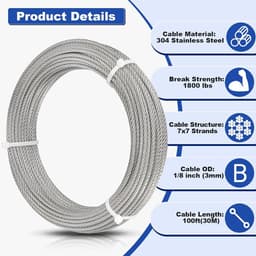 EGoods - Roestvrij stalen kabel 3mm 30m met oogjes en accessoires voor gordijntouw, klimhulp en waslijn — thumbnail 3