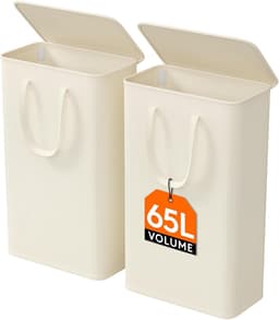 Set van 2 Slanke Wasmanden van 65 Liter – Opvouwbare Smalle Wasmand met Deksel, Verstevigde Bodem en Verlengde Handvatten – Ruimtebesparende Kledingopberger voor Slaapkamer, Badkamer en Wasruimte – Wit — thumbnail 1