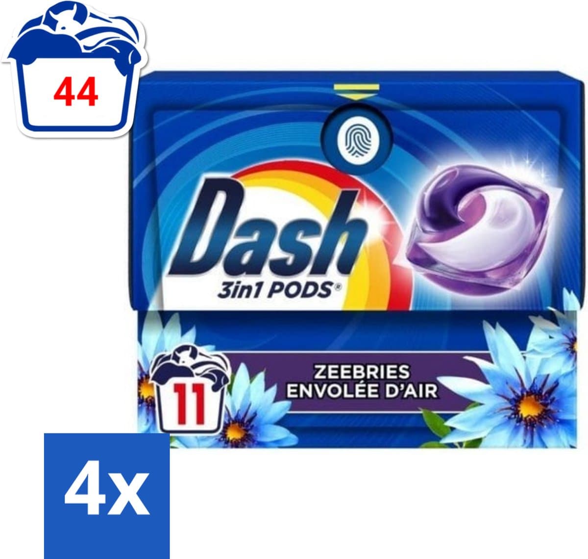 Dash - Wasmiddel Capsules - 3-in-1 Pods - Witte en Gekleurde Was - Zeebries - 11 Wasbeurten - Voordeelverpakking - 4 stuks — afbeelding 1