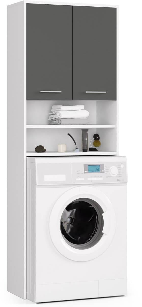 Badkamerkast voor Wasmachine FIN / Hoge Wasmachinekast met 2 Deuren / AKORD Furniture Factory / Wit - Grafietgrijs / 64 x 180 x 30 cm — afbeelding 1