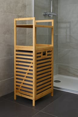 Fameilleur- luxe Bamboe Wasmand-met Kantelfunctie- 25 Liter – 95 cm Hoog – Ruimtebesparende Wasmand voor Badkamer – Met Opbergplateau - Stevig Bamboe – Lichtbruin houten bamboo-wasmand - - bamboe- was mand- groot- douche- kleding mand- kledingmand- — thumbnail 1