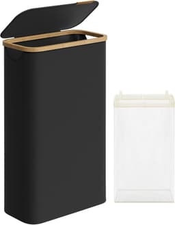 SONGMICS Wasmand met deksel, 65 L – ruimtebesparend, uitneembare waszak, Oxford stof, bamboe handgrepen, opvouwbaar, 42 × 22,5 × 70,5 cm, inktzwart, model LCB506B01 — thumbnail 1