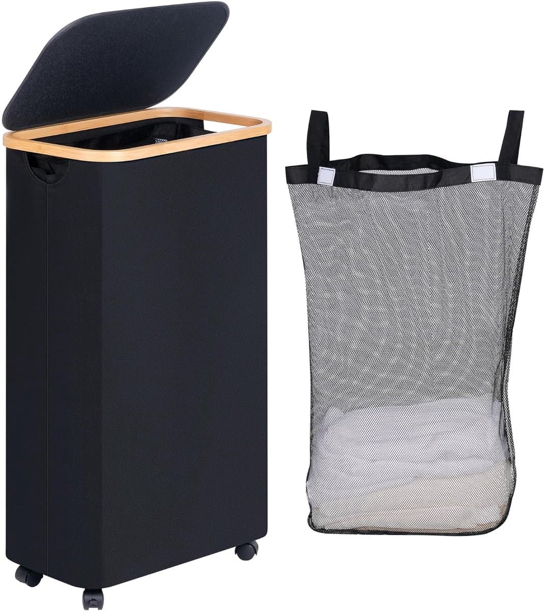 Wasmand met wieltjes - 75 liter - zwart - bamboe handgrepen — afbeelding 1