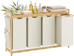 Furnstar wasmand - 4 vakken - Bamboe - Wasverzamelaar 200 l - Wassorteerder met plank -Waszak - Kleine zijzakken -4 x 50 l 1246 x 33 x 78 cm - Cremewit — thumbnail 1