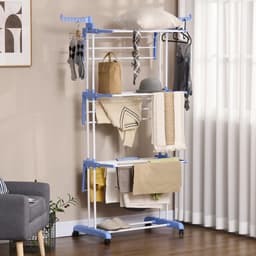 Pugsdrly Wasrek, 4 niveaus, inklapbaar, 4 wielen met 2 remmen, metalen frame, blauw + wit, 73 x 64 x 177 cm — thumbnail 2