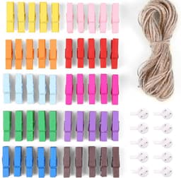 50 Stuks Fotoknijpers - Met 10m Jute String - Mini Knijpers - Kaartknijpers - Foto Knijpers - Knijper Om Foto's Aan Op Te Hangen - Fotohouder - Wasknijpers - Geboorte Wasknijpers - Kleine Houten Mini Knijpers - Voor Fotowand Display Party Decoratie — thumbnail 1