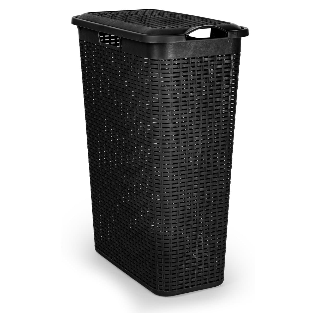 Plasticforte Smalle Wasmand met deksel Rotan - zwart - gevlochten kunststof - 48 liter - 27 x 46 x 60 cm — afbeelding 1