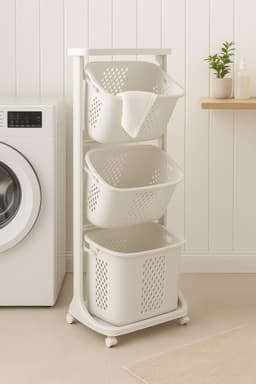 Rollende Waskar – Wasmand met 3 Vakken – 360° Wielen – Geventileerd – Ruimtebesparend – 3 x 25L – Wit — thumbnail 5