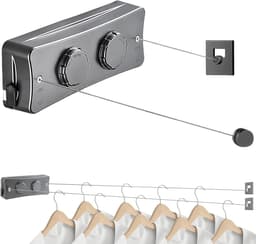 Uittrekbare waslijn, 2 x 5,1 m roestvrijstalen touwen, uittrekbare waslijn aan de muur, waslijn, uittrekbare muur voor balkon, wasruimte, hotel, badkamer, slaapkamer (twee lijnen grijs) — thumbnail 1
