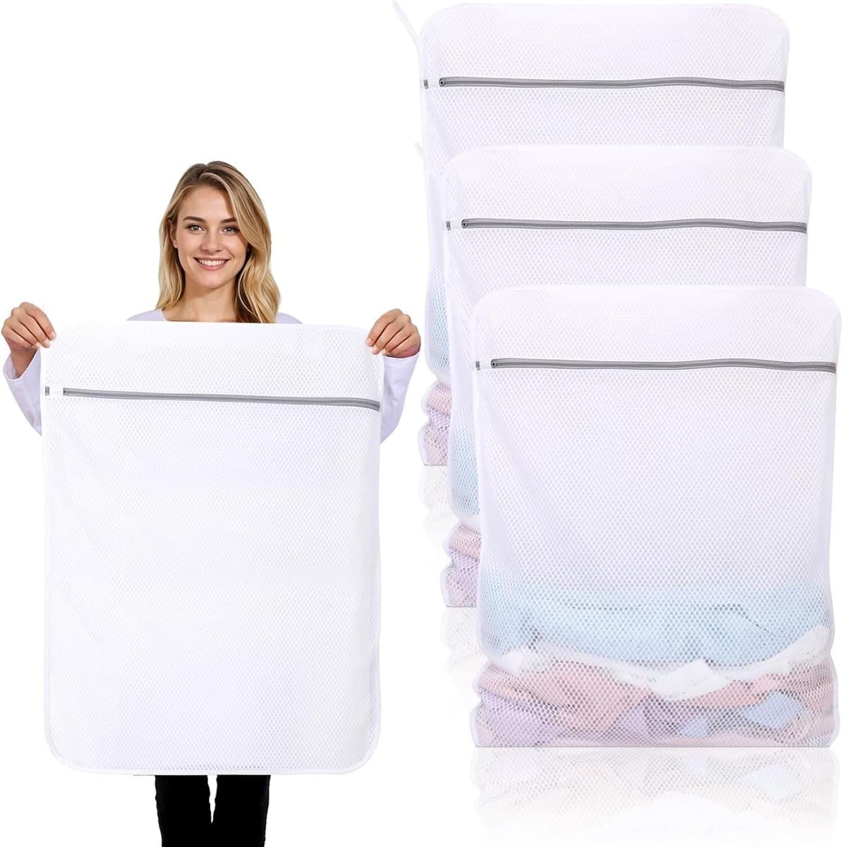 3 Stuks Duurzame Honingraat Grote Mesh Waszakken voor Delicates met Rits, Herbruikbare Waszakken voor Kleding, Sokken, Ondergoed en Reisorganizer (60x81cm) — afbeelding 1
