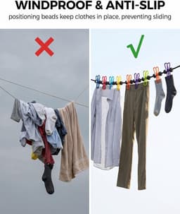 Wasband voor camping en reizen, 1,8-3 m uittrekkbaar met 12 clips, elastische camping wasband, winddicht zonder boren voor tent, caravan en balkon — thumbnail 4