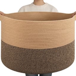 90L XXXL Dekenmand voor de Woonkamer – 55 X 35 CM Wasmand Van Gevlochten Katoentouw – Opbergmand met Handvat voor Speelgoed, Dekens en Wasgoed – Decoratieve Opbergmand (Zwartbruin en kaki) — thumbnail 1
