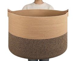 90L XXXL Dekenmand voor de Woonkamer – 55 X 35 CM Wasmand Van Gevlochten Katoentouw – Opbergmand met Handvat voor Speelgoed, Dekens en Wasgoed – Decoratieve Opbergmand (Zwartbruin en kaki)