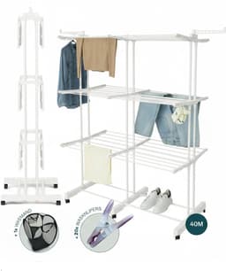BAUER & MEYER® - Droogtoren met wieltjes XL - 40 Meter drooglengte - Incl. 20 wasknijpers + 1x wasmand - Wastoren inklapbaar - 170 x 134 x 65 cm - Wit — thumbnail 1