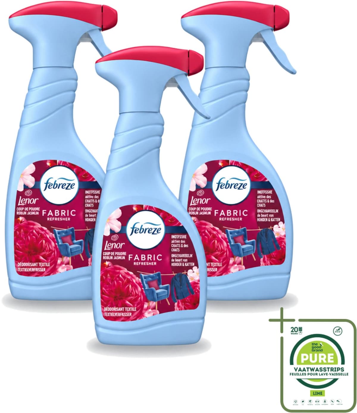 3 x Febreze – Textielspray – Robijn Jasmijn – 500 ml - Grootverpakking - Vaatwasstrips - Textielverfrisser - Textielgeur - Geurverwijdering - Jasmijngeur - Robijngeur — afbeelding 1