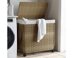 Wasmmand Rieten Wasmand Wasbak Wasmand Met Wielen – Handgeweven Riet – 4 Wielen Met Remmen – Afneembare Wasbare Binnenzak – Inklapbaar En Ruimtebesparend