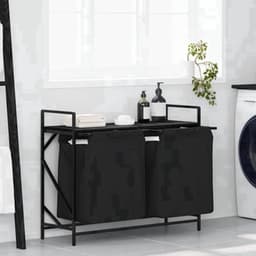 Wasmand – Laundry Basket – Wasbox – Wasopberger – Waszakken – Met Twee Compartimenten – Bovenste Opbergrek – Zwart Stalen Frame – Eiken Houtlook — thumbnail 4