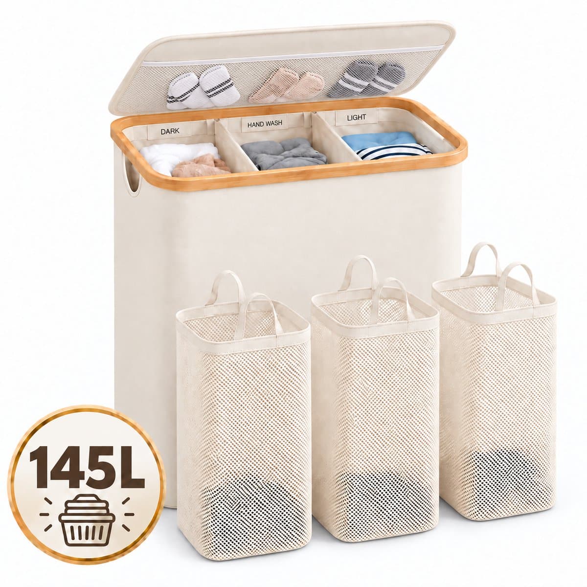 YYchan Wasmand 3 Vakken-Wasmand Met Deksel-Wassorteerder Bamboe-Oxford-Stof-Laundry Basket-Classificatielabel-Beige-145L — afbeelding 1