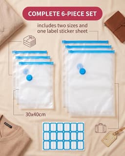 6 ruimtebesparende vacuümzakken voor reizen (3 van 30 x 40 cm en 3 van 40 x 60 cm) met zelfklevende etiketten, waterdichte zakken ter bescherming van kleding voor koffer en kast — thumbnail 4