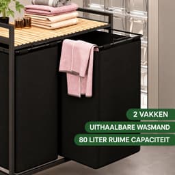 Zeo Wood Wasmand 2 Vakken – 123L Grote Wassorteerder – Dubbele Wasmand met Uitneembare Waszakken – Wasbox met Opbergrek – 66 x 36 x 70 cm – Zwart/Hout — thumbnail 2