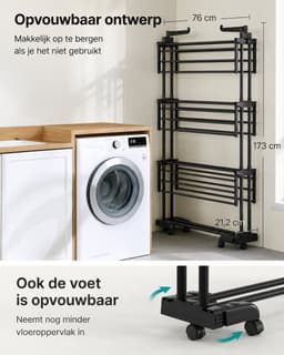 MokoHub Droogrek 4 Niveaus - Vleugeldroogrek - Opvouwbaar - Met Wielen - 63.5x125.5x173 cm - Zwart — thumbnail 2