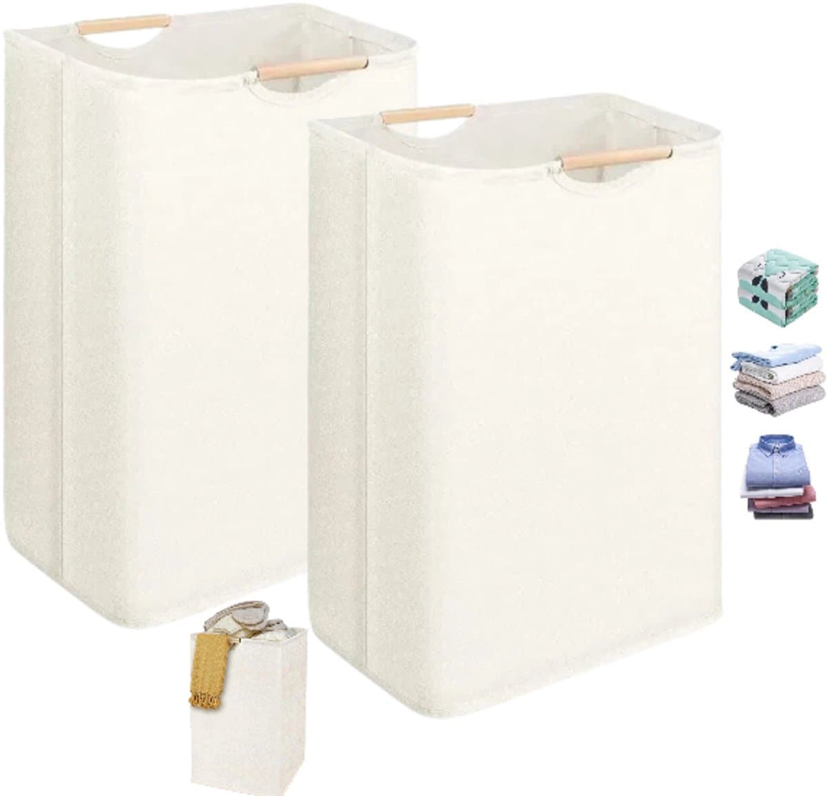 Set van 2 - Wasmand - Mand voor vuile was - Opvouwbare, draagbare wasmand - Crèmewit - Inklapbaar - Lichtgewicht - Draagbaar - 30x30x40 cm - Geschikt voor wasruimte en badkamer - Ook geschikt voor het opbergen van kinderspeelgoed — afbeelding 1