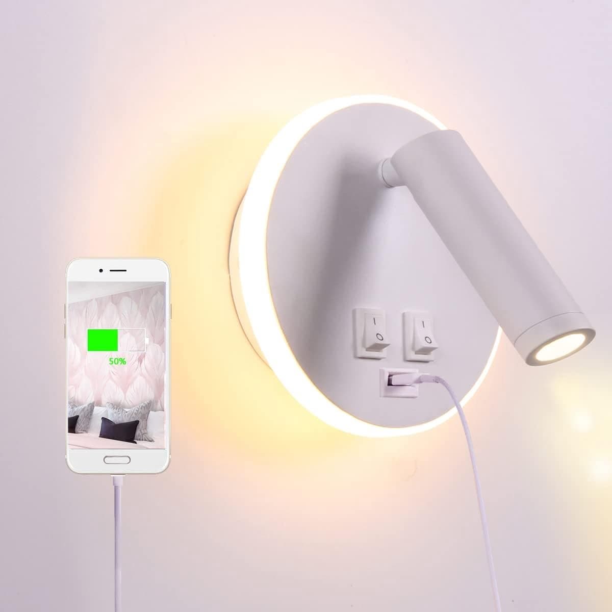 Draaibare Wandlamp Slaapkamer USB-laadstation Spot Slaapkamer Leeslamp 3000K (3W + 9W) — afbeelding 1