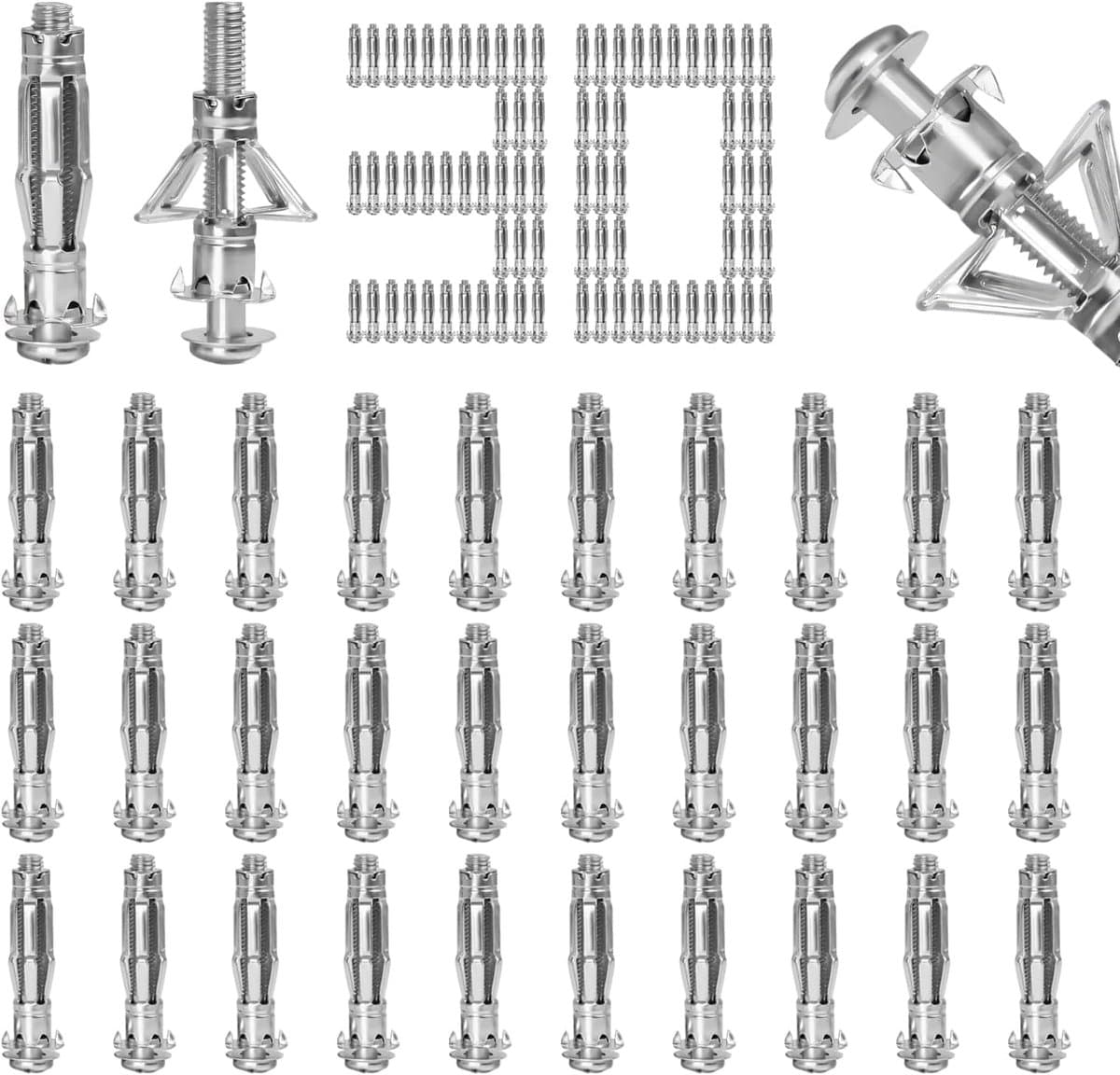 30 stuks koolstofstaal holtepluggen type Petal verzinkte schroeven plugset M6 x 52 mm spreidpluggen zeer sterke hollewandpluggen metalen voor wanden, muren en houten platen, — afbeelding 1