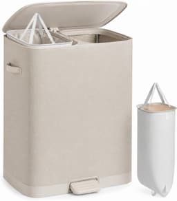 SONGMICS LCB832L101 Wasmand 160 L, Wasmand, 2 compartimenten, Wasgoedsorteerder met deksel, Handvatten, Uitneembare binnentas, Eenvoudige montage, Wasruimte, Pedaal, 56 x 47 x 75 cm, Cappuccino Beige — thumbnail 1