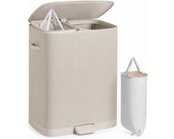 SONGMICS LCB832L101 Wasmand 160 L, Wasmand, 2 compartimenten, Wasgoedsorteerder met deksel, Handvatten, Uitneembare binnentas, Eenvoudige montage, Wasruimte, Pedaal, 56 x 47 x 75 cm, Cappuccino Beige