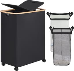 Vouwbare Wasmand met Wielen, 75L, Roze Slimme Wasmand met Deksel en Bamboe Handvatten voor Slaapkamer, Badkamer en Wasruimte — thumbnail 4