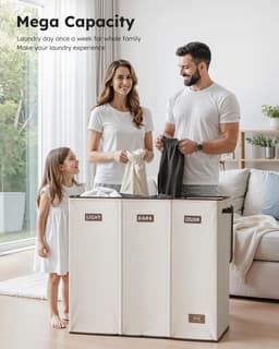 SnelShoppen - 200L Wasmand met Deksel - Wasverzamelaar 3 Vakken met 3 Waszakken - Grote XXXL Wassorteerder voor Badkamer, Slaapkamer, Wasruimte, Kinde — thumbnail 4