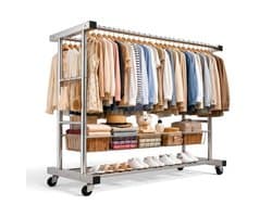 Roestvrijstalen Kledingrek Dubbel Laags 120x50x150 cm met Zwenkwielen en Opbergmand.