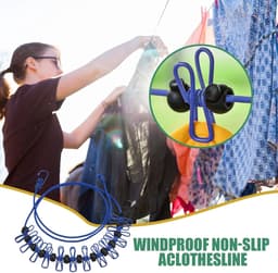 Waslijn met Klemmen - Reis Waslijn Droogrek - Kleding Drogen - Winddicht Antislip Ontwerp - 1.7 Meter - Blauw — thumbnail 4