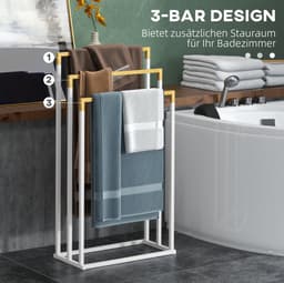 MEUNIQ Vrijstaand handdoekenrek met 3 stangen 45 x 22,5 x 86 cm van metaal en bamboe voor badkamer, staand droogrek zonder boren, wit — thumbnail 4