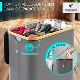 Wasmand 3 vakken – 160 l wassorteerder & wasverzamelaar met deksel – bamboeframe en stabiele metalen ringen – opvouwbaar, smal & met 3 uitneembare, wasbare zakken – grijs — thumbnail 4