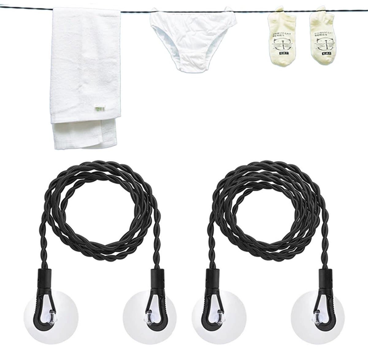 2-pack - Waslijn - Elastische reiswaslijn - Droogtouw - Elastisch ontwerp zonder clips - Inclusief zuignappen en haken - Draagbare waslijn voor thuis, kamperen, hotels en buiten - 1,5 m - Rekbaar tot 2,5 m - Zwart — afbeelding 1