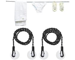 2-pack - Waslijn - Elastische reiswaslijn - Droogtouw - Elastisch ontwerp zonder clips - Inclusief zuignappen en haken - Draagbare waslijn voor thuis, kamperen, hotels en buiten - 1,5 m - Rekbaar tot 2,5 m - Zwart
