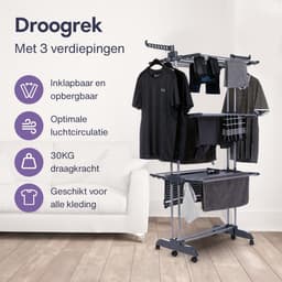 Waskrek Opklapbaar - Droogrek Staand - Kleding Drogen - Met Wielen - 3 Lagen - Zwart — thumbnail 5