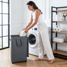 wasmand met deksel en wielen 55L - Opvouwbare dunne wasmachine oxford doek opbergmand met lange handgreep, geschikt voor slaapkamer, badkamer, wasruimte (Grijs) — thumbnail 5