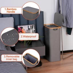 efluky Wasmand met deksel, 75 liter, smalle wasmand met wasbare binnenzak, grijze wasmand met bamboehandgrepen, opvouwbare wasmanden voor bijkeuken, slaapkamer, badkamer — thumbnail 5