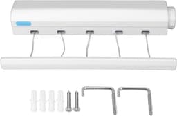 Wandkledinglijnen - Uittrekbaar Waslijn - Kleding Drogen - Compact Roll-up Systeem - 5 Lijnen 3.75m - Wit — thumbnail 1