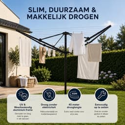 Droogmolen 45 m - Droogrek voor Buiten met 4 Armen, Aluminium, Metalen Grondanker, Naspanbare Lijnen, Tuin, Zwart — thumbnail 2