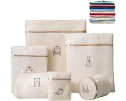 Wasmachine waszakken - waszak - Wasmachine Zakken Set - 6 Stuks - Met Borduur-iconen - Beige Mesh Waszakken - voor Fijne Was - Bescherming Kleding - Lingeriezakjes - Duurzaam Polyester