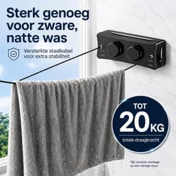 Waslijn Uittrekbaar - 2x 5,1 m (tot 10,2 m) - Zwart - Aluminium & Staalkabel - 20 kg - Binnen en Buiten - Zonder Boren te Monteren, Ruimtebesparend — thumbnail 3