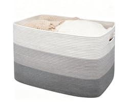 Katoenen Opbergmand 65L - Grote Geweven Mand - Rechthoekige Wasmand & Speelgoedmand - 100% Natuurlijk Katoentouw - Wit & Grijs
